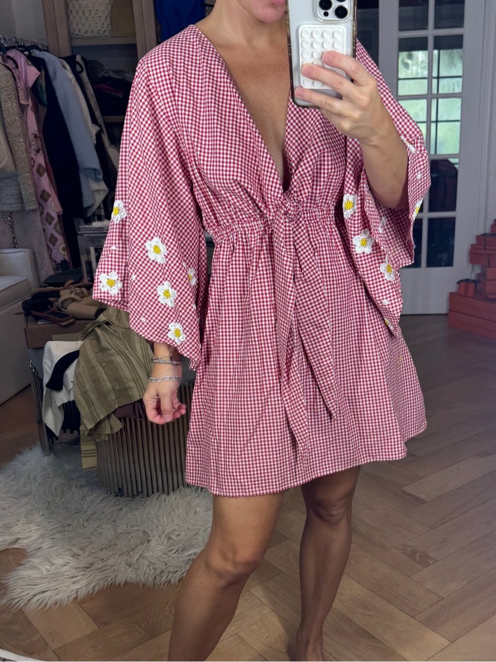 Sundress Women's Red Gingham Tie-Waist Mini Dress with Floral Sleeves